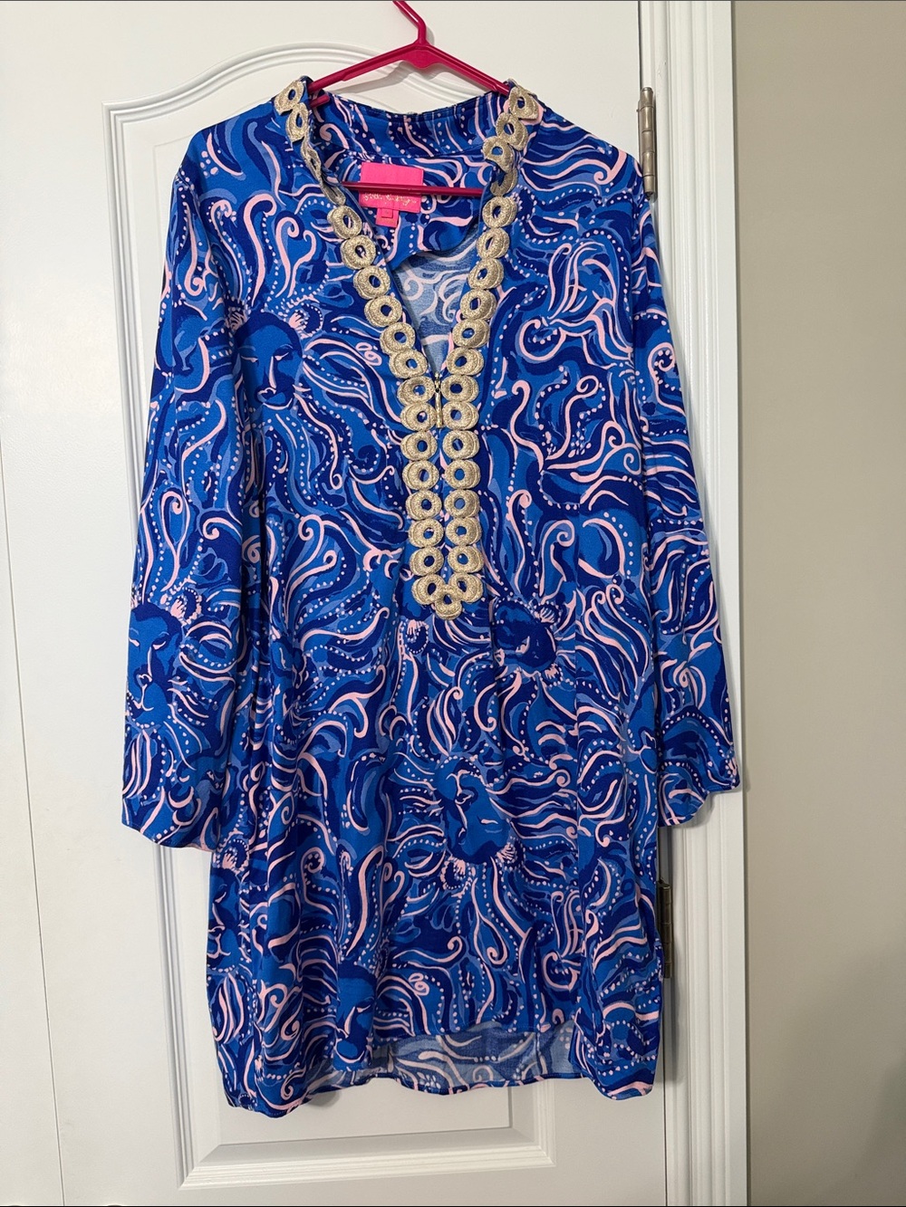 Lilly Pulitzer Blue and Pink Tunic Dress with Gold Trim